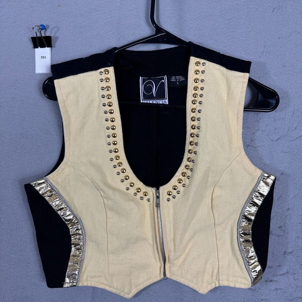 Valencia Womens Vest Yellow Black Zipper Front Gold and Silver Size Large